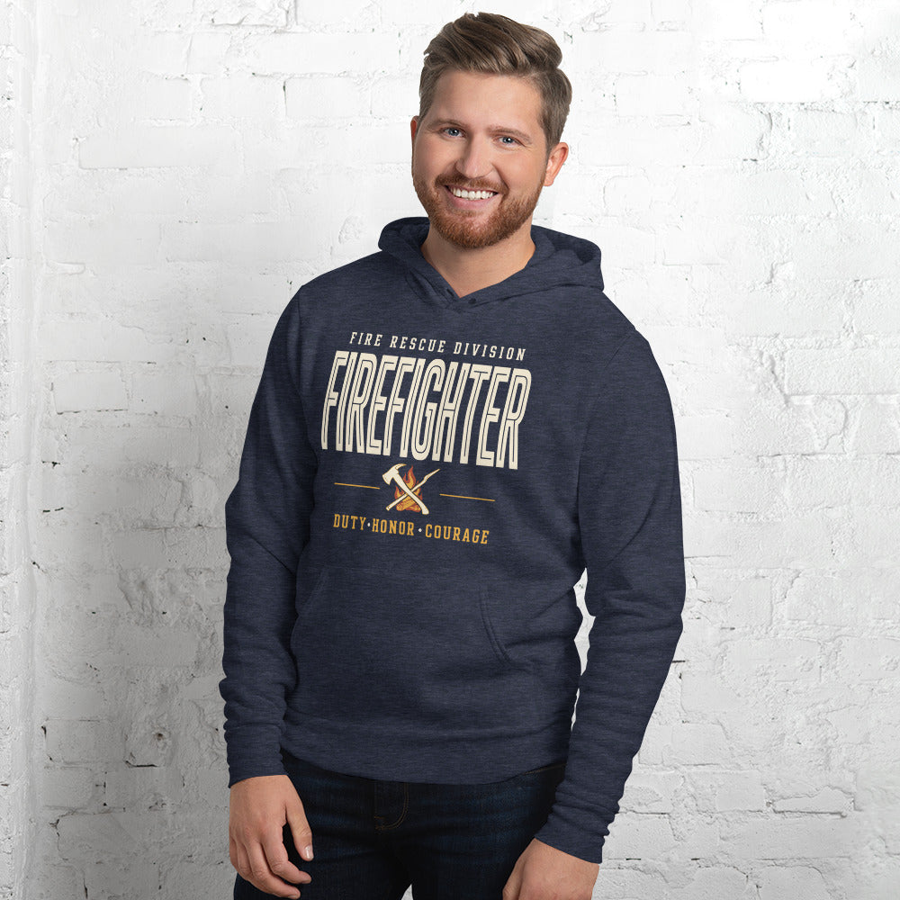 Firefighter collegiate wordmark retro fire-rescue hoodie — Heather Navy, on model