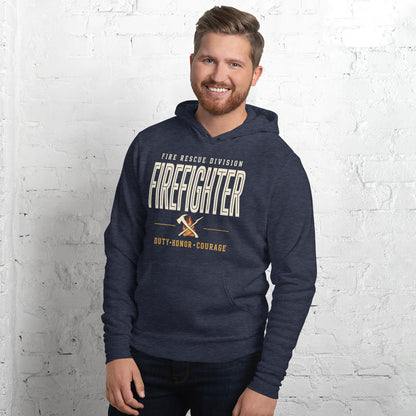 Firefighter collegiate wordmark retro fire-rescue hoodie — Heather Navy, on model