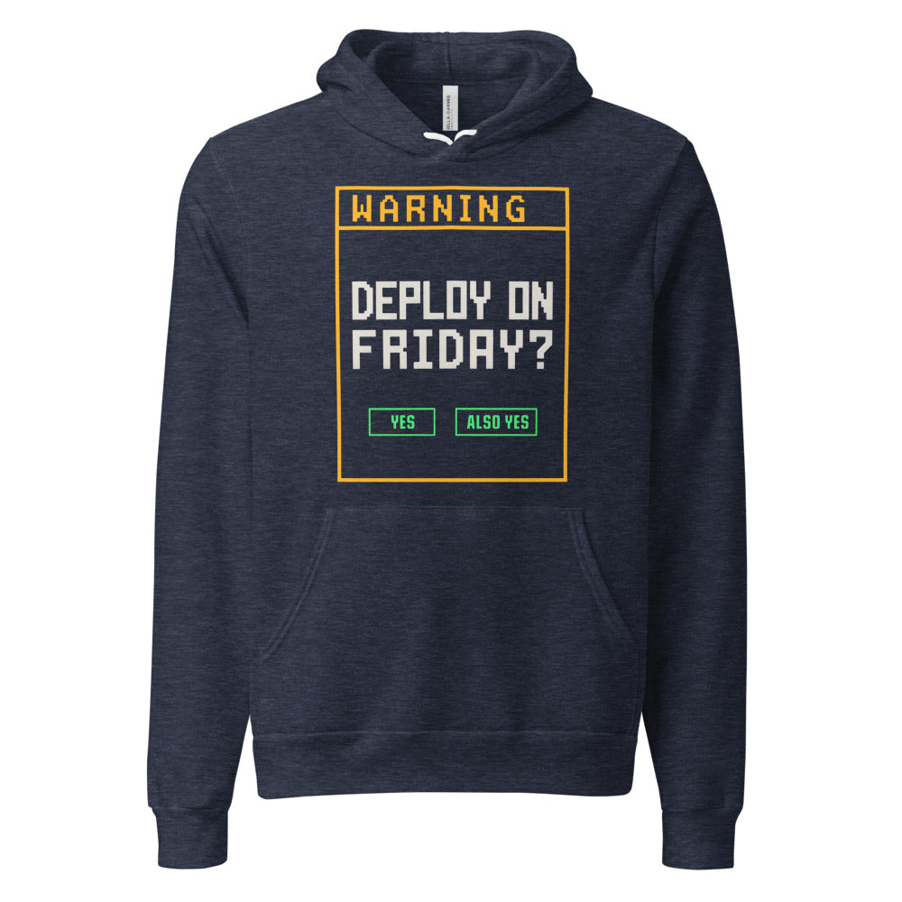 Deploy On Friday programmer hoodie — Heather Navy, front