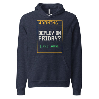 Deploy On Friday programmer hoodie — Heather Navy, front
