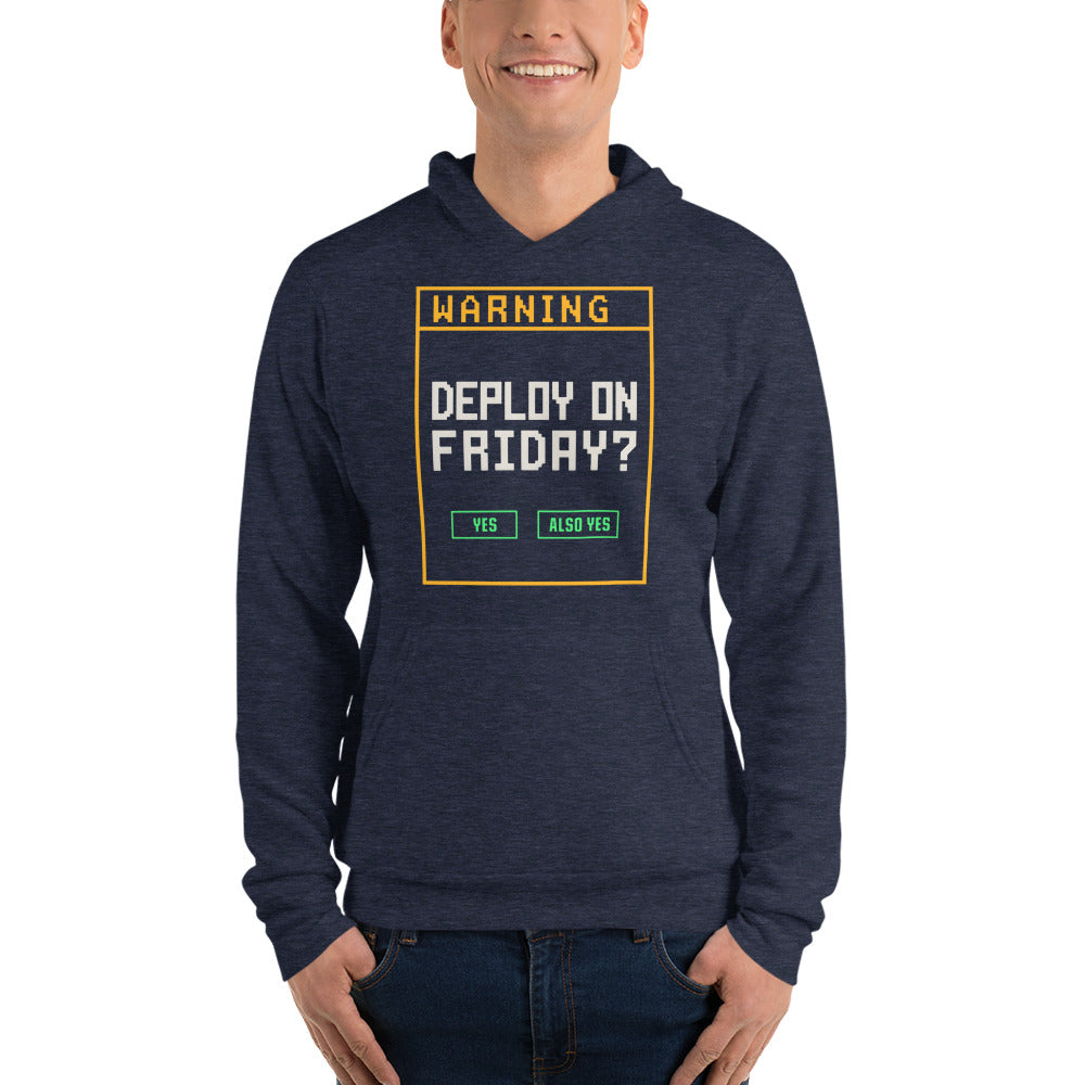 Deploy On Friday programmer hoodie — Heather Navy, on model