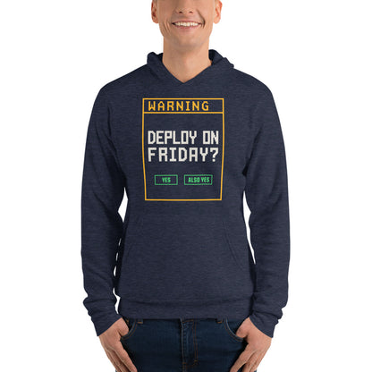 Deploy On Friday programmer hoodie — Heather Navy, on model