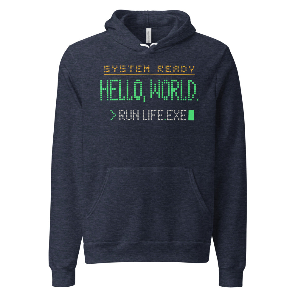 Hello World retro boot screen programmer hoodie — Heather Navy, front