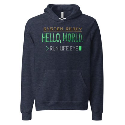 Hello World retro boot screen programmer hoodie — Heather Navy, front