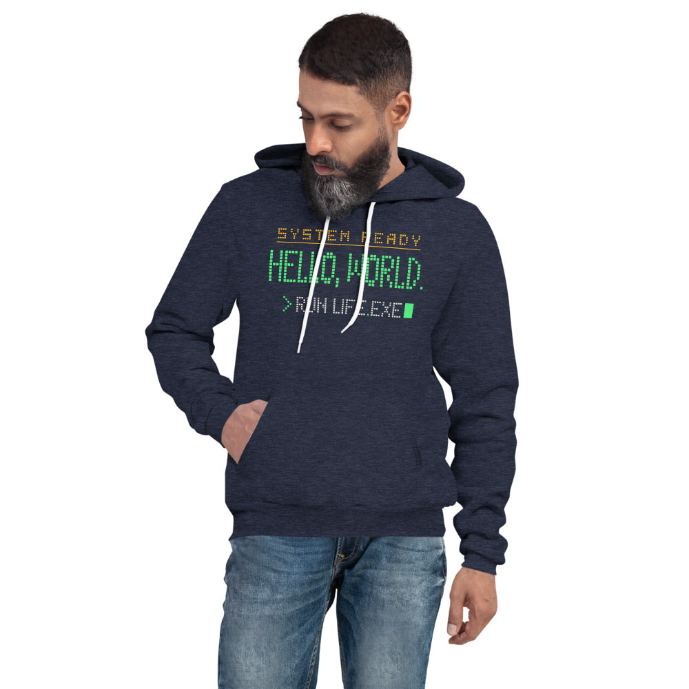 Hello World retro boot screen programmer hoodie — Heather Navy, on model
