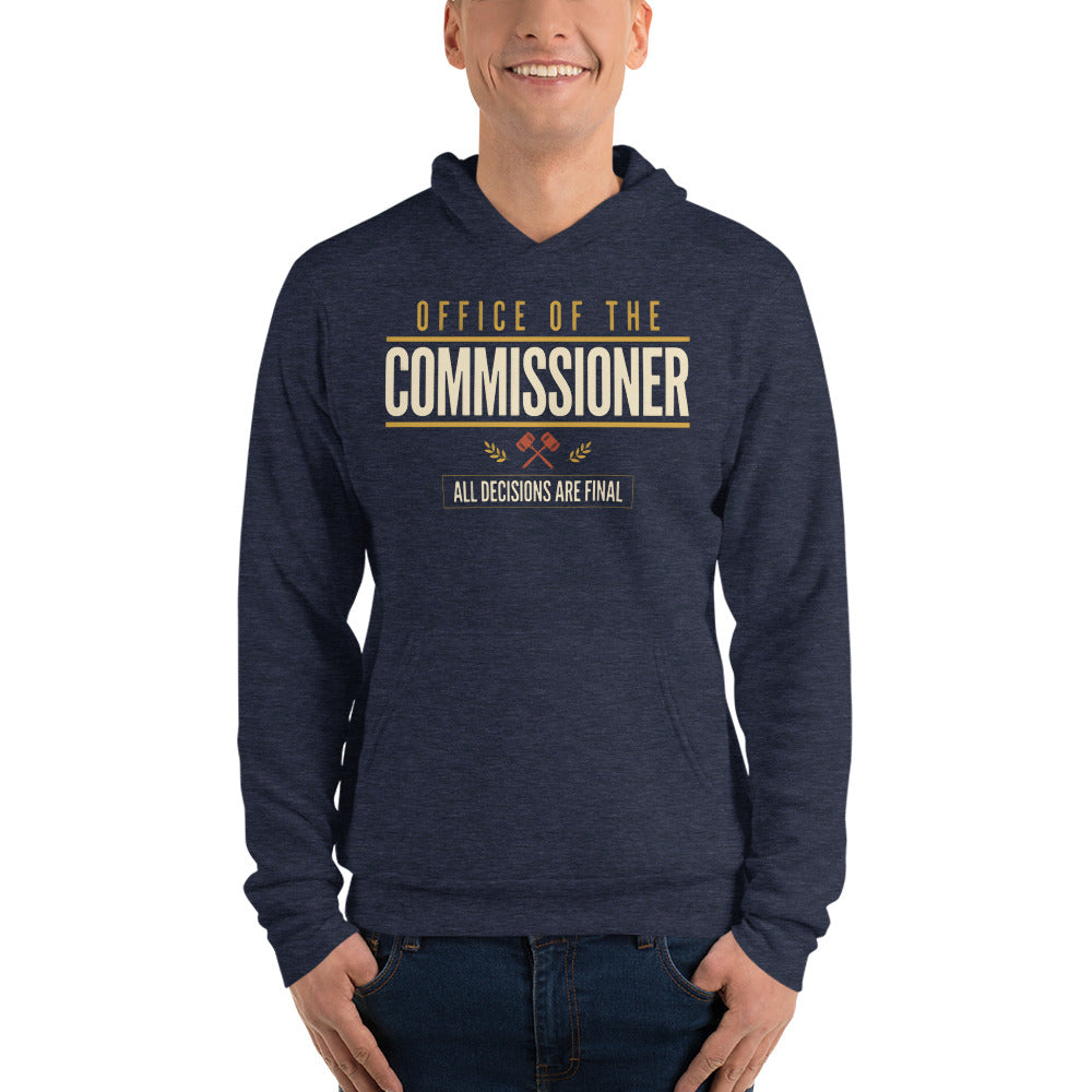 Office of the Commissioner fantasy football draft hoodie — Heather Navy, on model
