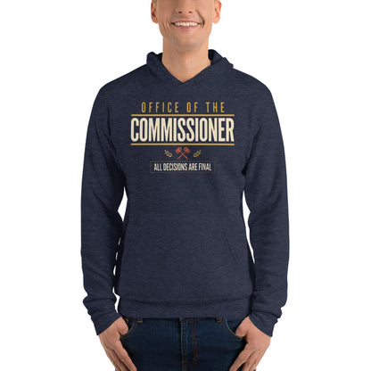 Office of the Commissioner fantasy football draft hoodie — Heather Navy, on model