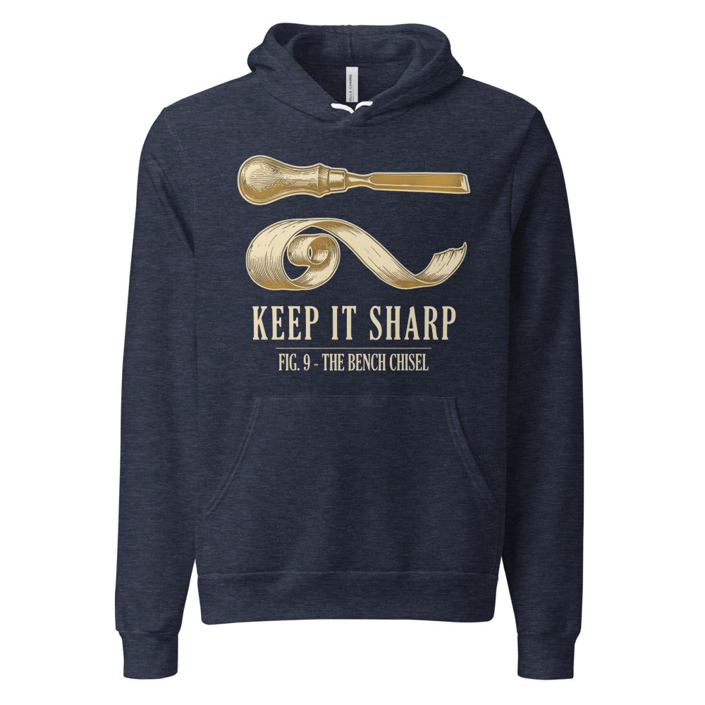 Keep It Sharp woodworking hoodie — Heather Navy, front