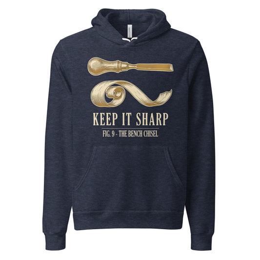 Keep It Sharp woodworking hoodie — Heather Navy, front