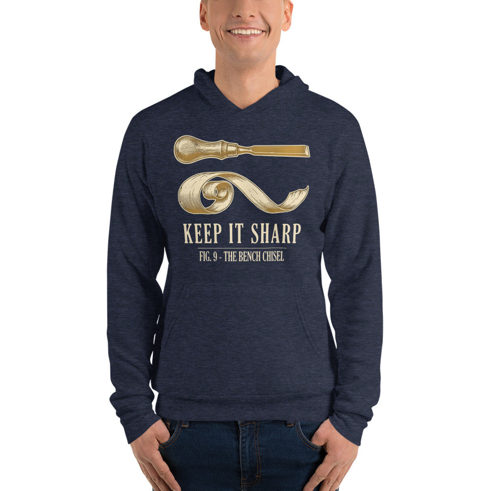 Keep It Sharp woodworking hoodie — Heather Navy, on model