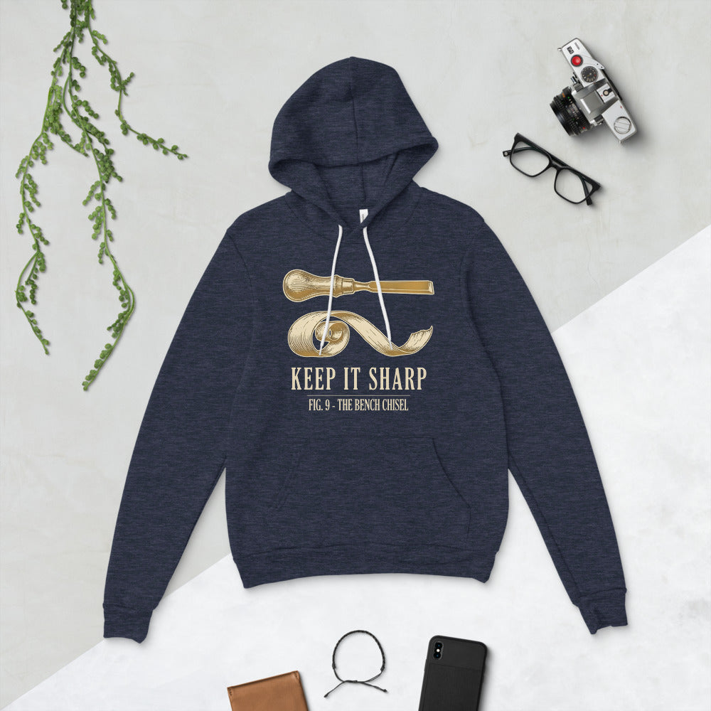 Keep It Sharp woodworking hoodie — Heather Navy, flat lay