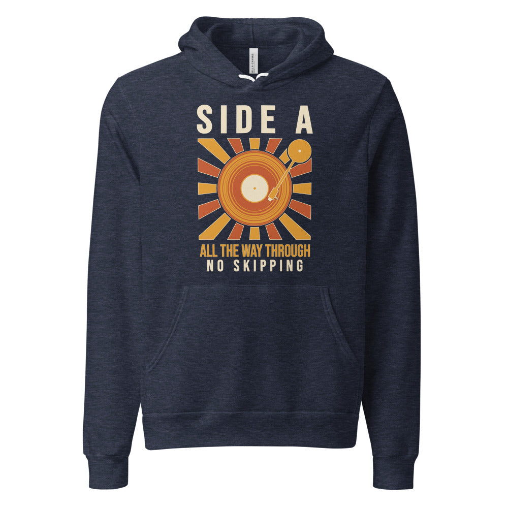 Side A No Skipping vinyl record hoodie — Heather Navy, front