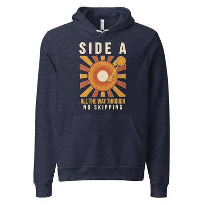 Side A No Skipping vinyl record hoodie — Heather Navy, front