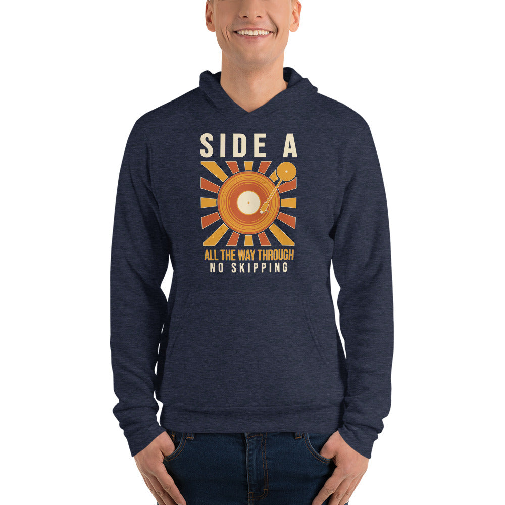 Side A No Skipping vinyl record hoodie — Heather Navy, on model