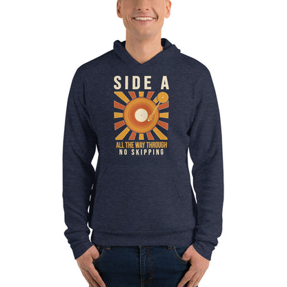 Side A No Skipping vinyl record hoodie — Heather Navy, on model