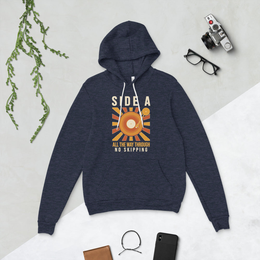 Side A No Skipping vinyl record hoodie — Heather Navy, flat lay