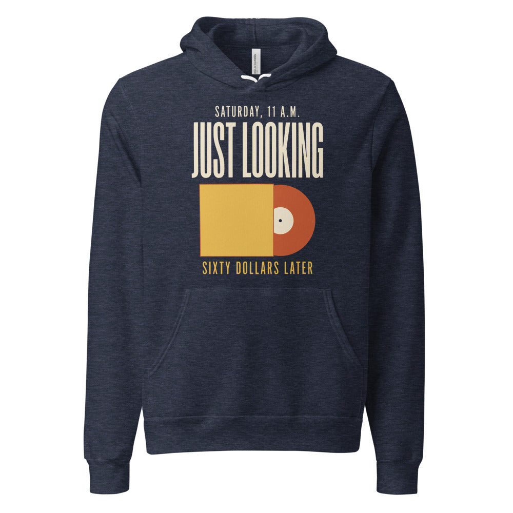 Just Looking Sixty Dollars Later vinyl record hoodie — Heather Navy, front