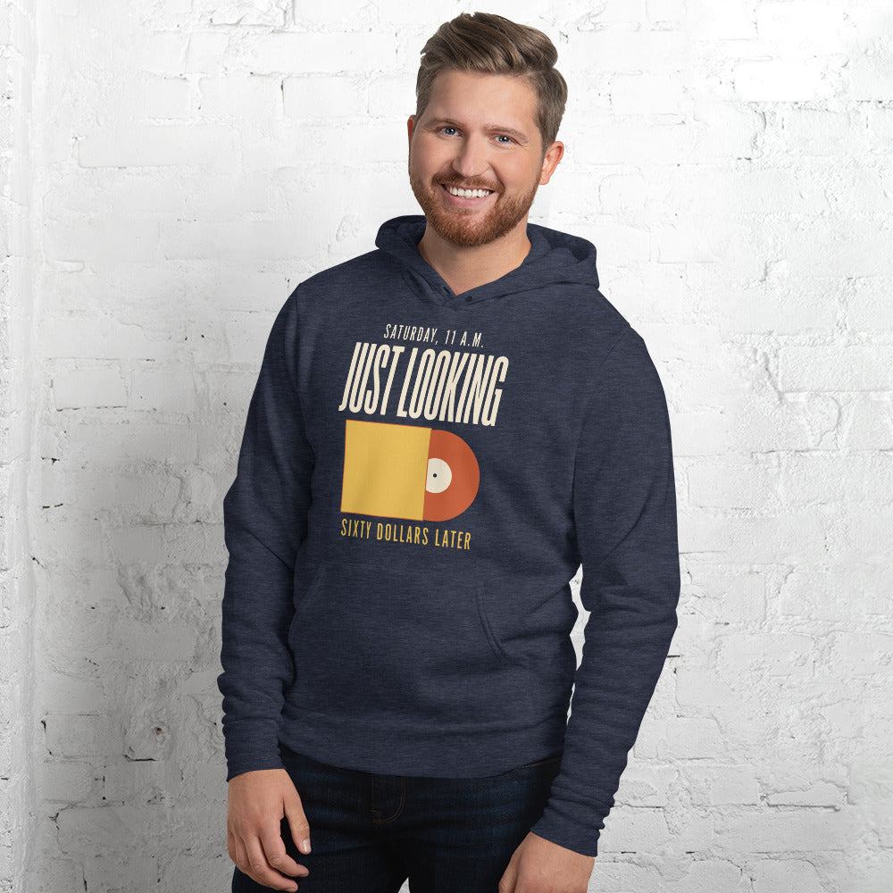 Just Looking Sixty Dollars Later vinyl record hoodie — Heather Navy, on model