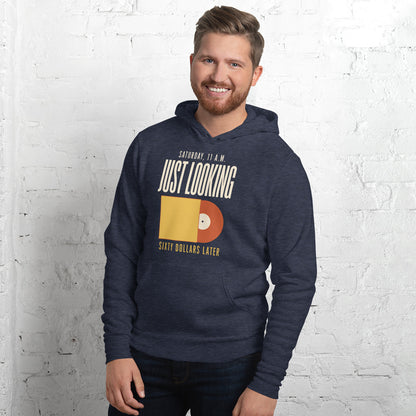 Just Looking Sixty Dollars Later vinyl record hoodie — Heather Navy, on model