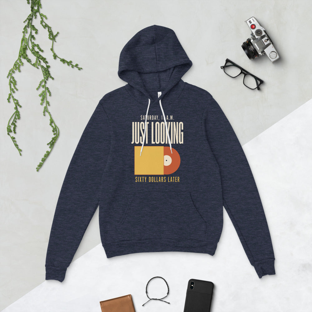 Just Looking Sixty Dollars Later vinyl record hoodie — Heather Navy, flat lay