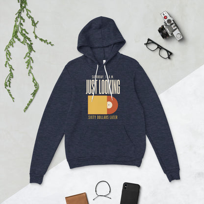 Just Looking Sixty Dollars Later vinyl record hoodie — Heather Navy, flat lay