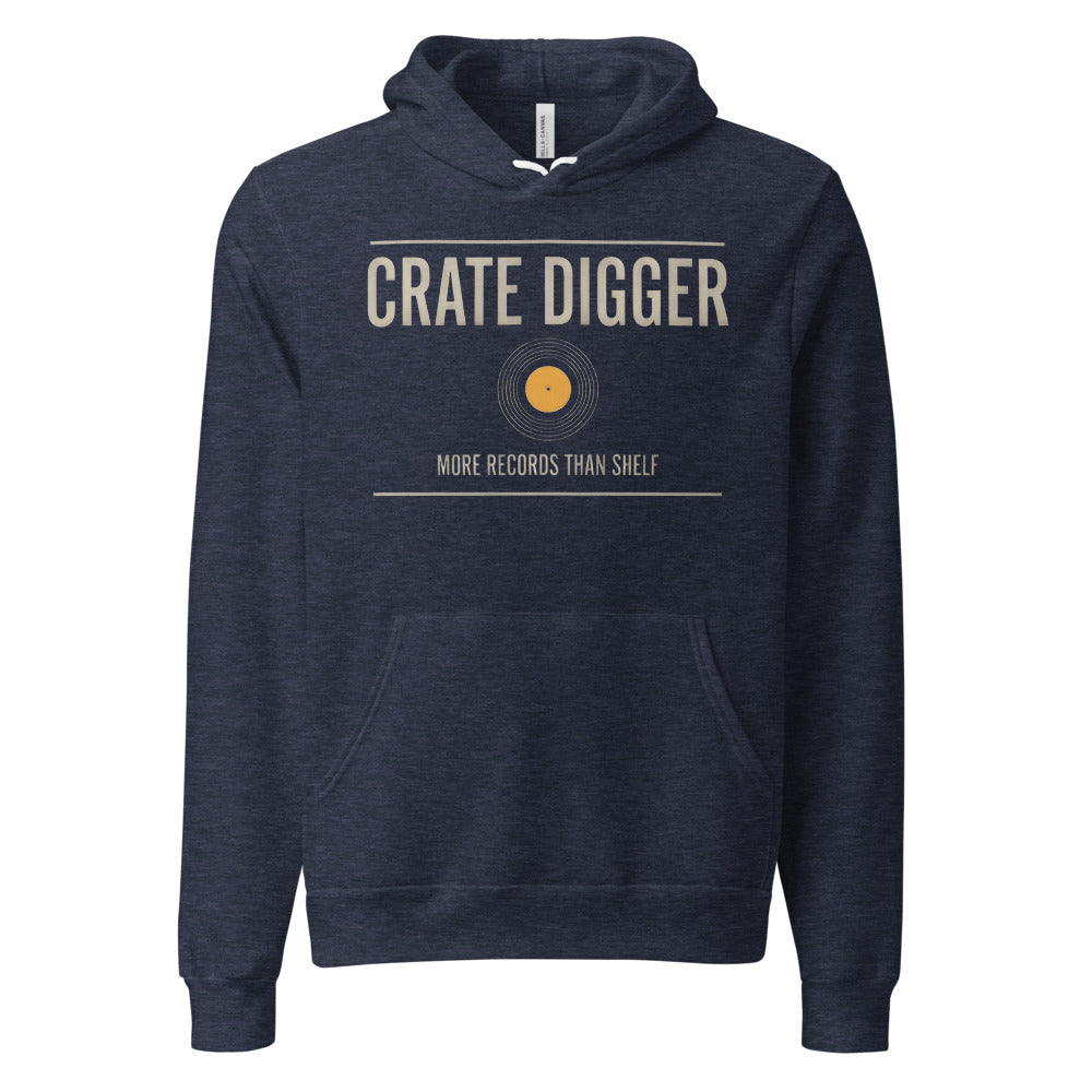 Crate Digger vinyl record hoodie — Heather Navy, front