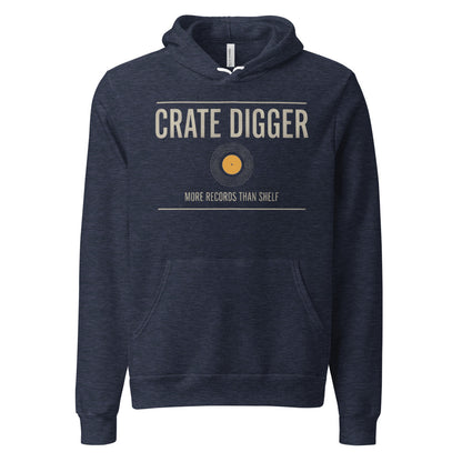 Crate Digger vinyl record hoodie — Heather Navy, front