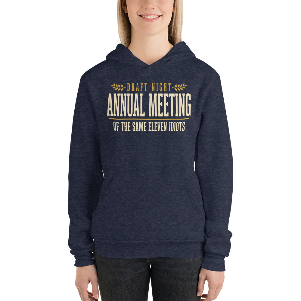 Annual Meeting of the Same Eleven Idiots funny fantasy football draft hoodie — Heather Navy, on model