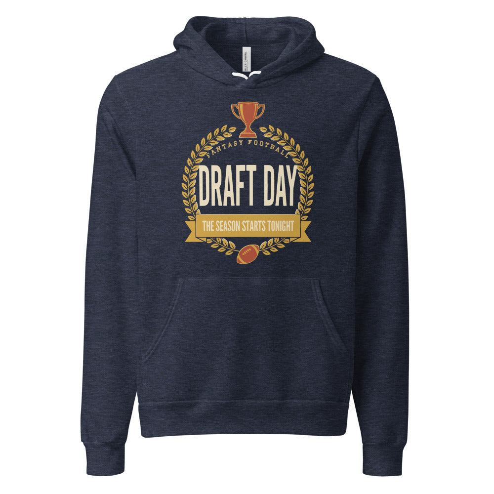 Draft Day Almanac vintage fantasy football draft hoodie — Heather Navy, front