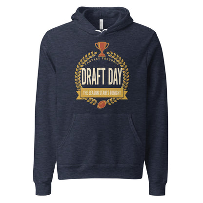Draft Day Almanac vintage fantasy football draft hoodie — Heather Navy, front