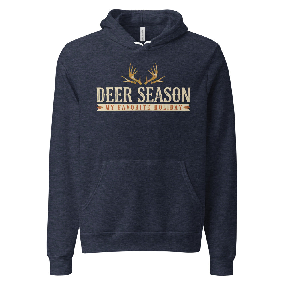 Deer Season My Favorite Holiday deer hunting hoodie — Heather Navy, front