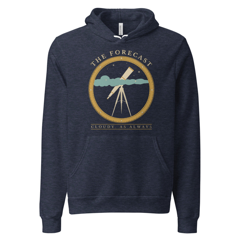 The Forecast Cloudy As Always funny astronomy hoodie — Heather Navy, front