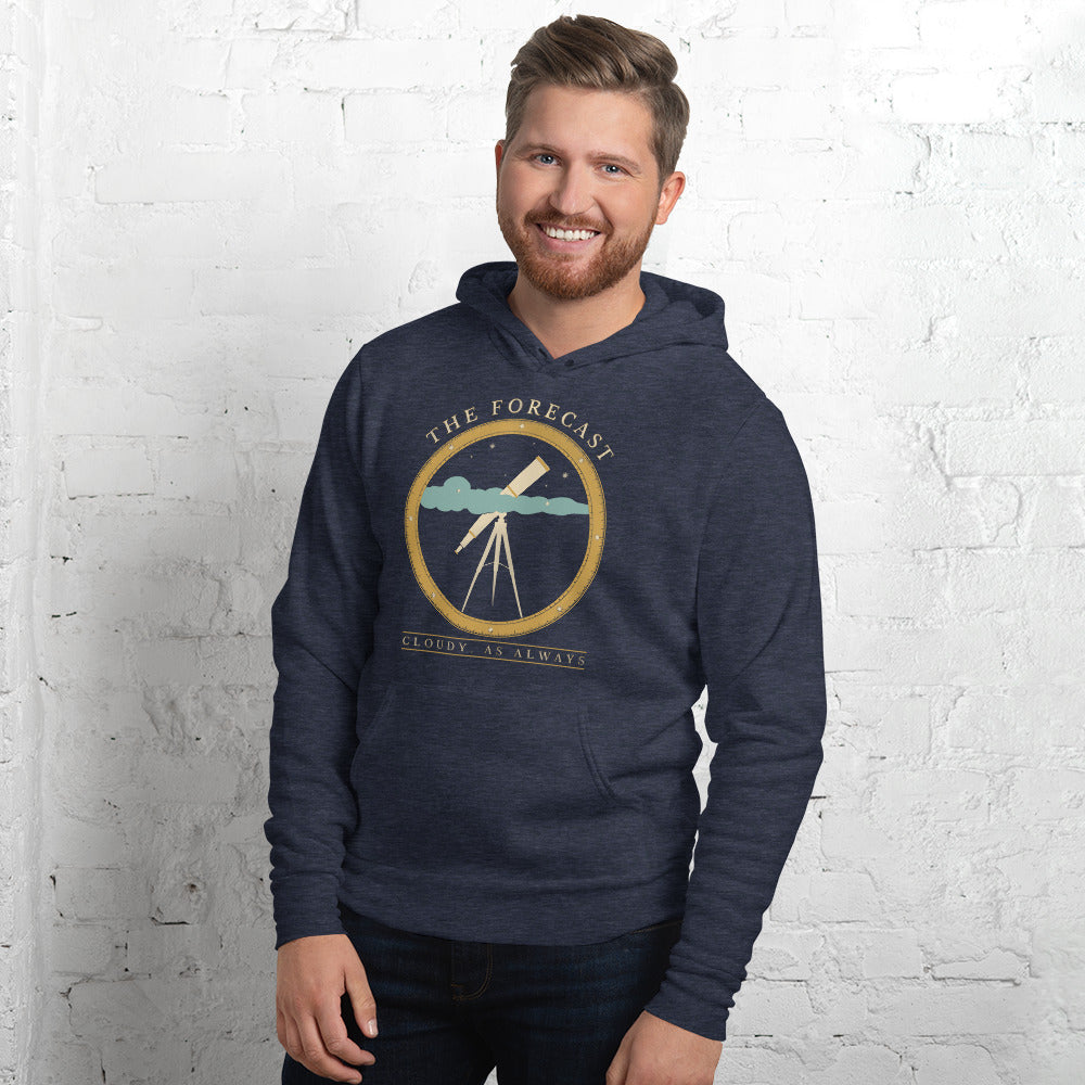 The Forecast Cloudy As Always funny astronomy hoodie — Heather Navy, on model