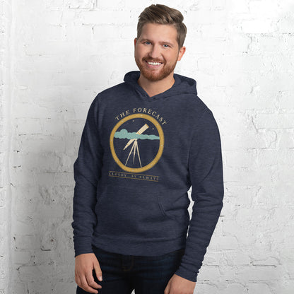 The Forecast Cloudy As Always funny astronomy hoodie — Heather Navy, on model