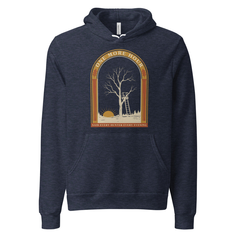 One More Hour funny deer hunting hoodie — Heather Navy, front