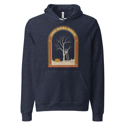 One More Hour funny deer hunting hoodie — Heather Navy, front