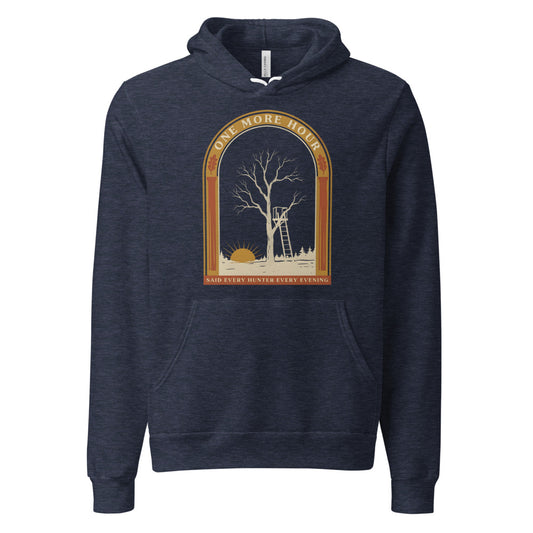 One More Hour funny deer hunting hoodie — Heather Navy, front