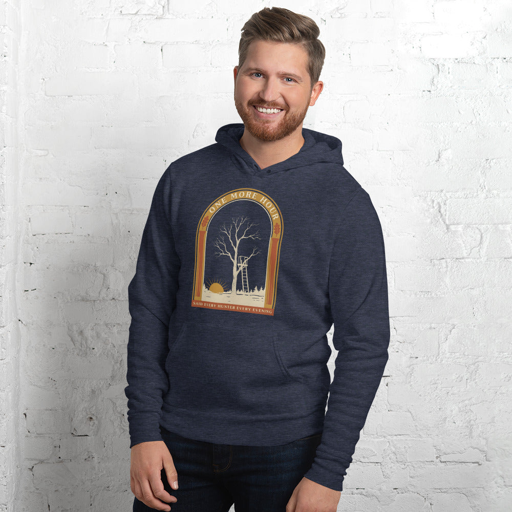 One More Hour funny deer hunting hoodie — Heather Navy, on model