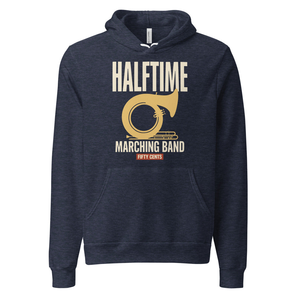 Official Halftime vintage marching band hoodie — Heather Navy, front