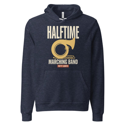 Official Halftime vintage marching band hoodie — Heather Navy, front