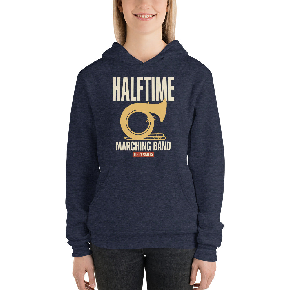 Official Halftime vintage marching band hoodie — Heather Navy, on model