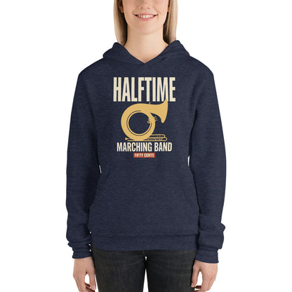 Official Halftime vintage marching band hoodie — Heather Navy, on model