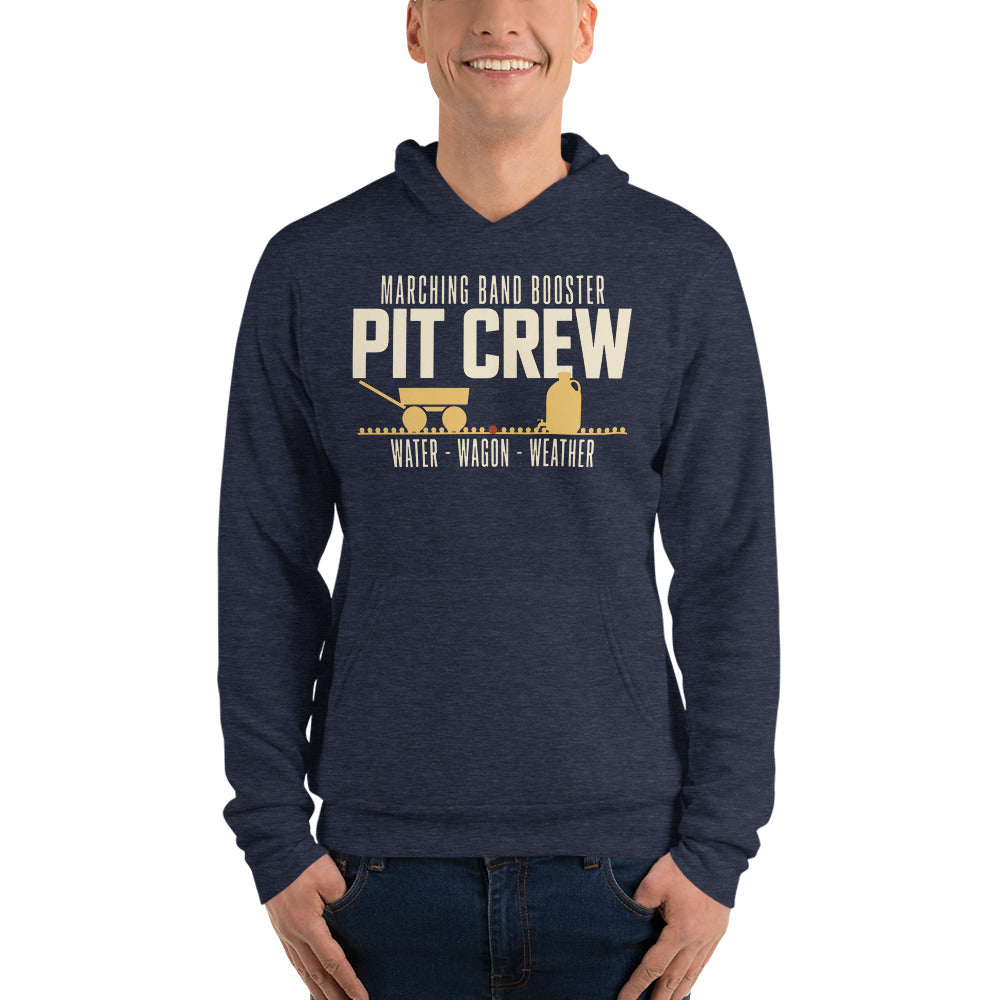 Pit Crew marching band booster hoodie — Heather Navy, on model