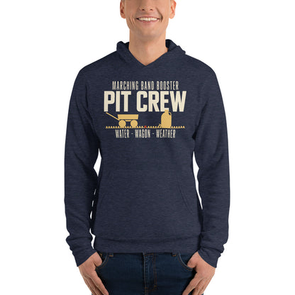 Pit Crew marching band booster hoodie — Heather Navy, on model