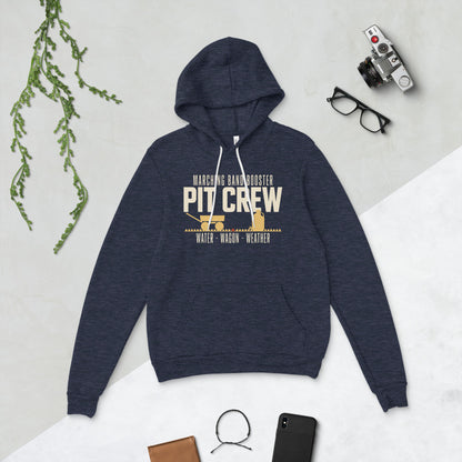 Pit Crew marching band booster hoodie — Heather Navy, flat lay