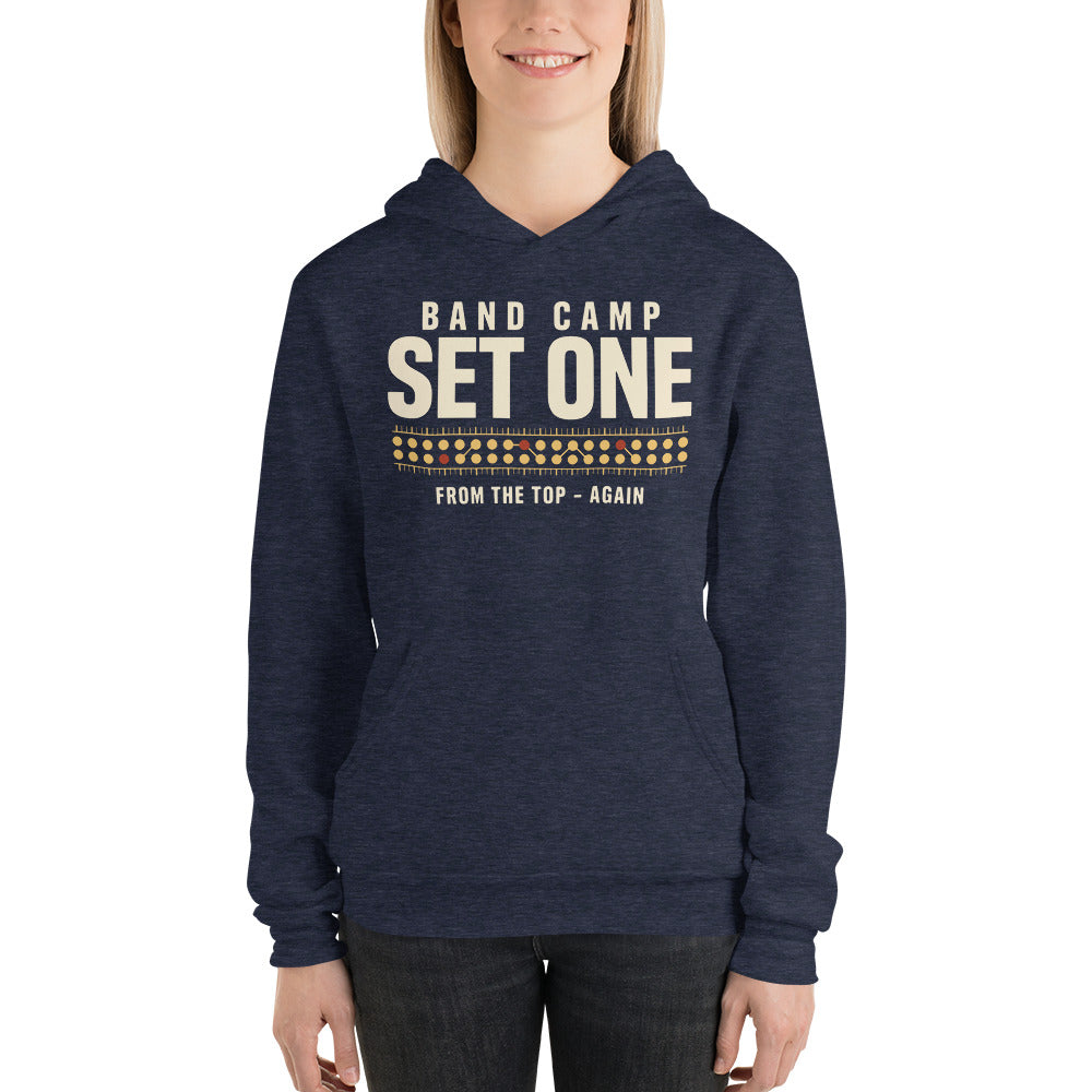 Set One marching band drill chart hoodie — Heather Navy, on model