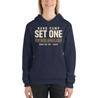 Set One marching band drill chart hoodie — Heather Navy, on model