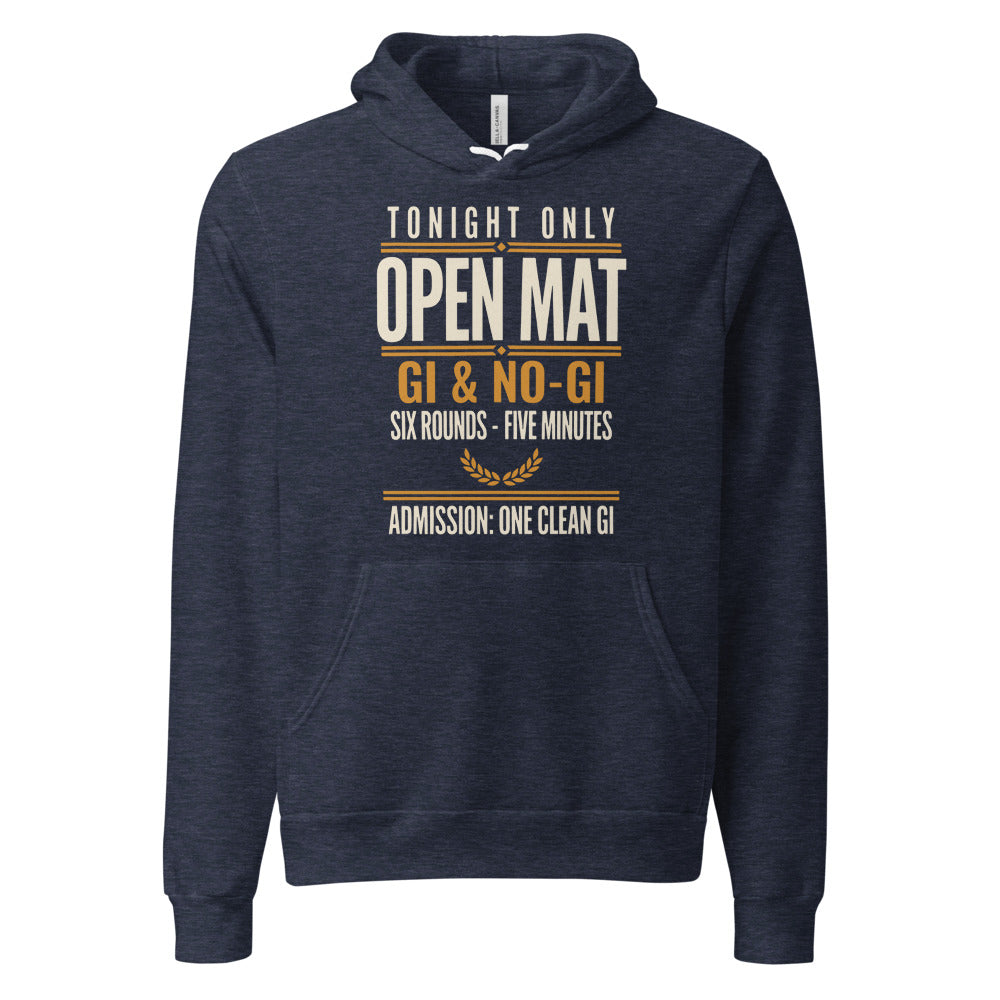 Open Mat Tonight Brazilian jiu jitsu hoodie — Heather Navy, front