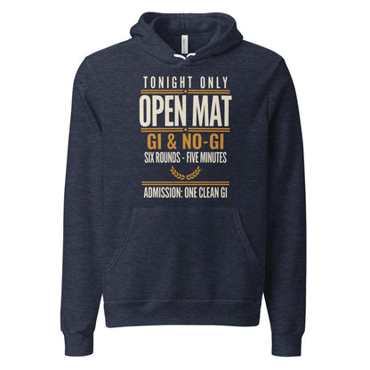Open Mat Tonight Brazilian jiu jitsu hoodie — Heather Navy, front