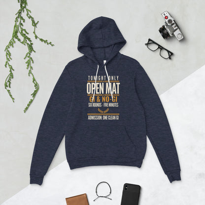 Open Mat Tonight Brazilian jiu jitsu hoodie — Heather Navy, flat lay